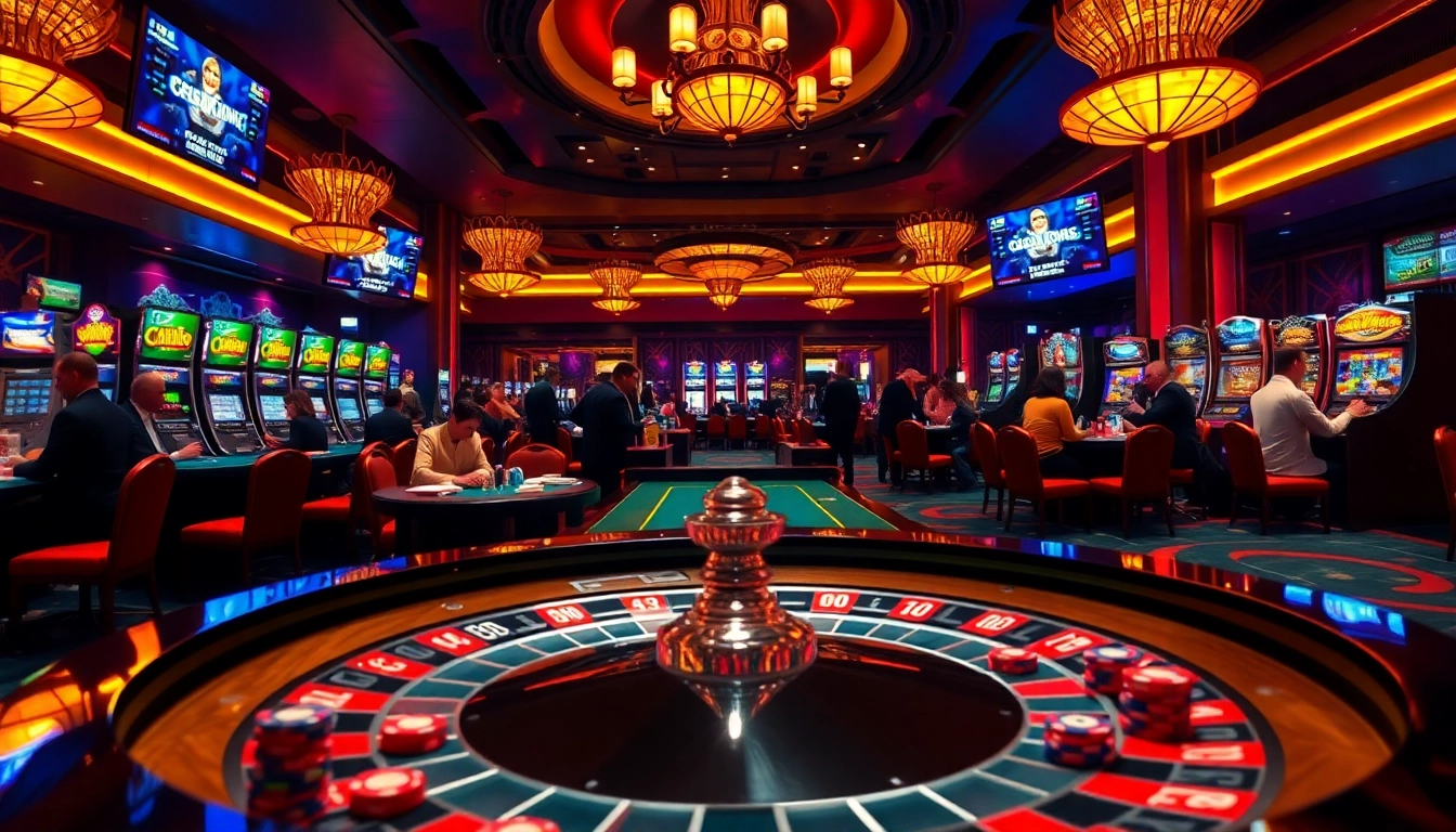 Players engaged in thrilling games at OK8386 casino, featuring roulette, poker chips, and vibrant ambiance.