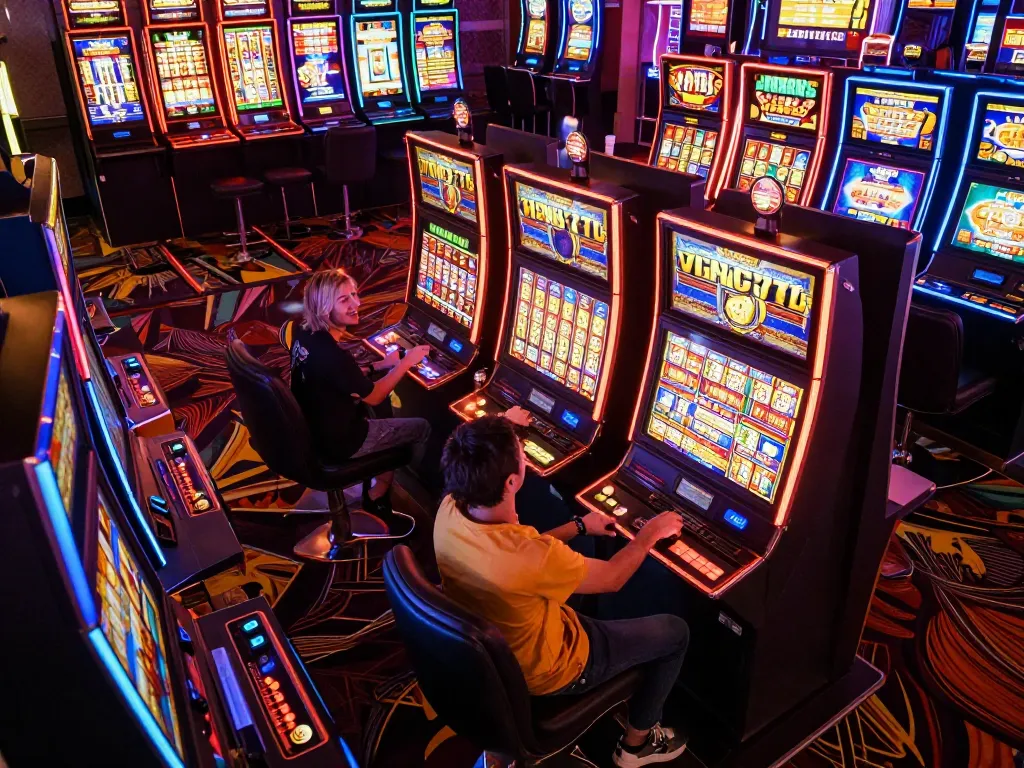 Players enjoying slot machines at vin777, vibrant colors and excitement filling the casino atmosphere.