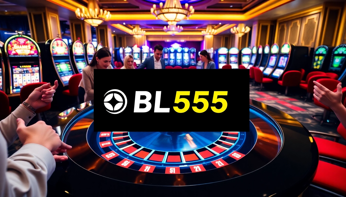 Các người chơi thắng tại bàn casino BL555 với bánh xe roulette và chip đầy màu sắc.