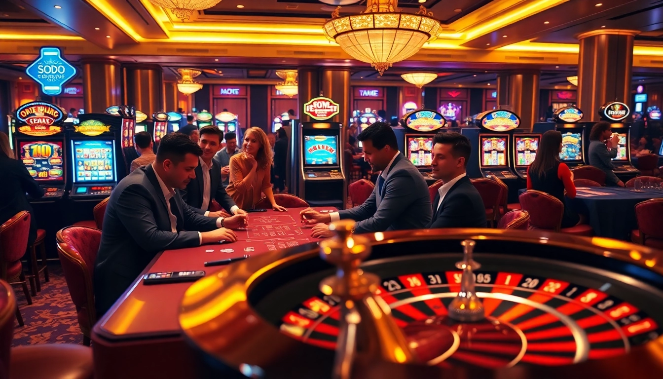 SODO Casino players enjoying poker and slot machines in a luxurious setting.