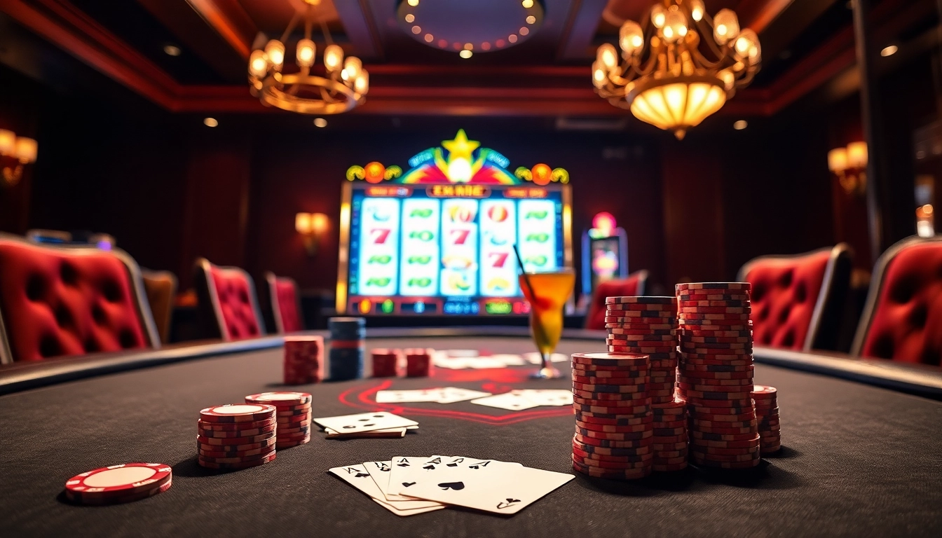 Experience thrilling gameplay at https://hay881.com/ with vibrant tables, poker chips, and dazzling slot machines.