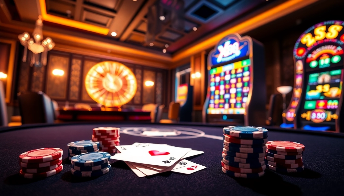 X 88 Casino environment with game tables, vibrant slot machines, and an elegant roulette wheel.