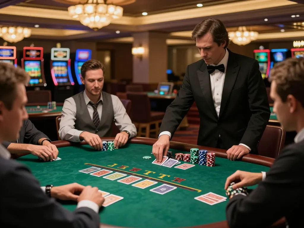 Alo8 players strategizing at a blackjack table in a luxurious casino, highlighting the excitement of high-stakes gambling.