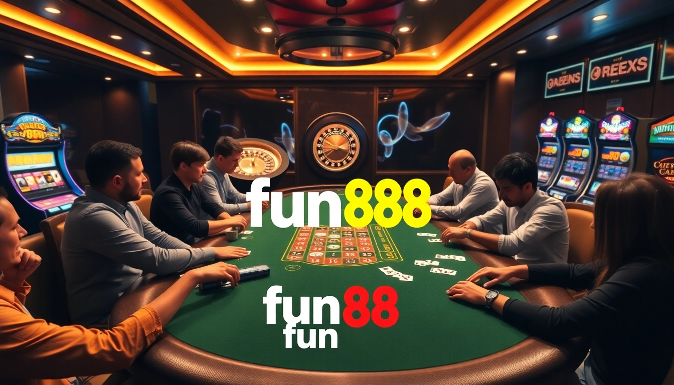 Players enjoying an exciting game of poker at fun88 casino with vibrant lighting and luxury decor.