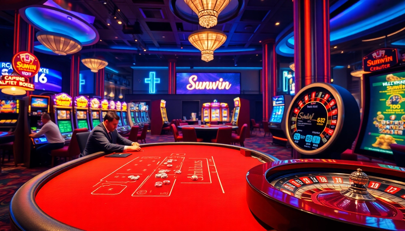 Sunwin players engaging at a blackjack table amidst vibrant casino excitement.