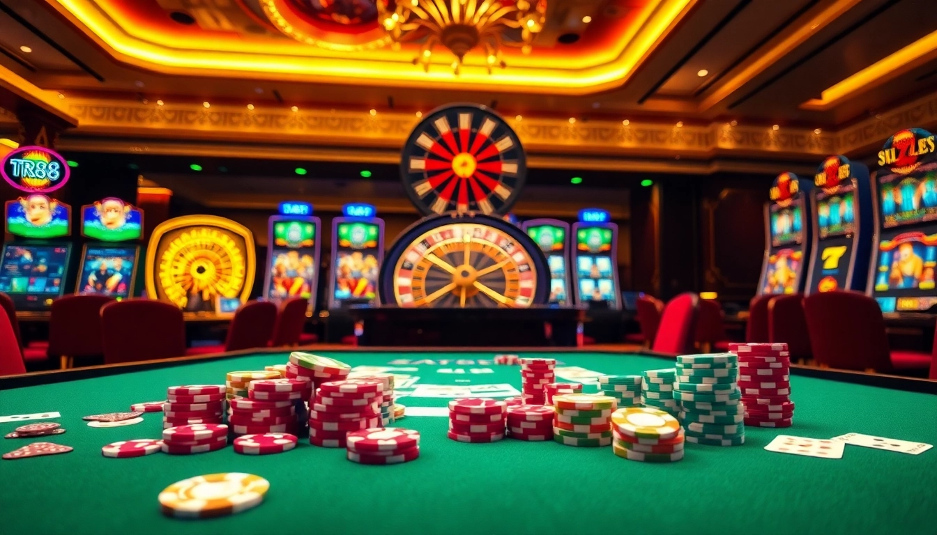Engaging in thrilling casino games at tr88 with colorful chips and vibrant slot machines.