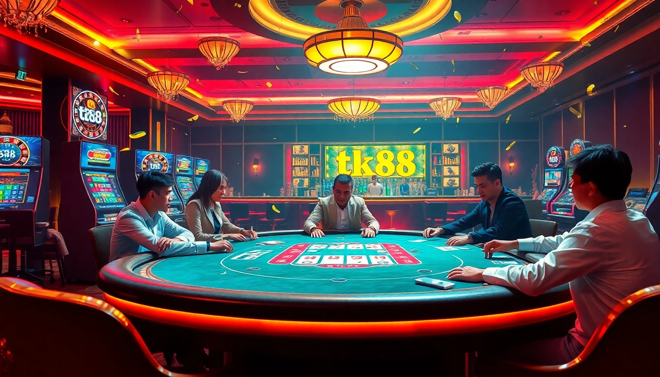 Players enjoying a thrilling poker game at tk88 casino, surrounded by colorful slot machines and roulette wheels.
