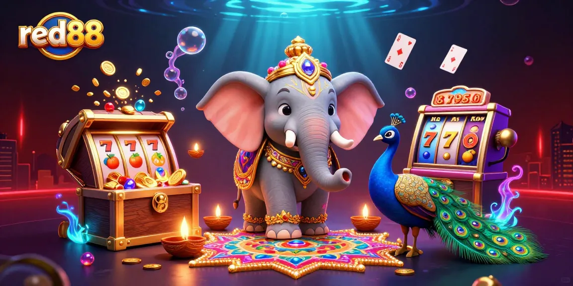 Spin the reels at red88 with an extravagant elephant and vibrant casino elements in a 3D scene.
