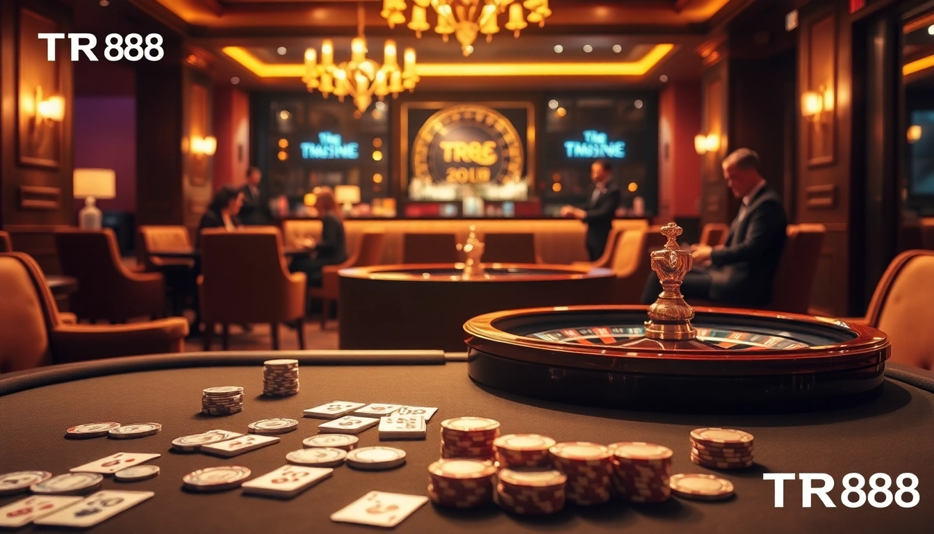 Experience the excitement of TR88 in a luxurious casino setting with polished chips and elegant gaming tables.