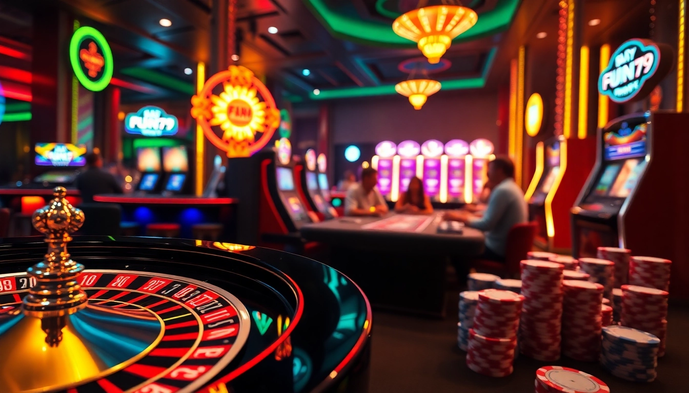 Engaging casino scene with FUN79 elements, featuring roulette and poker action.