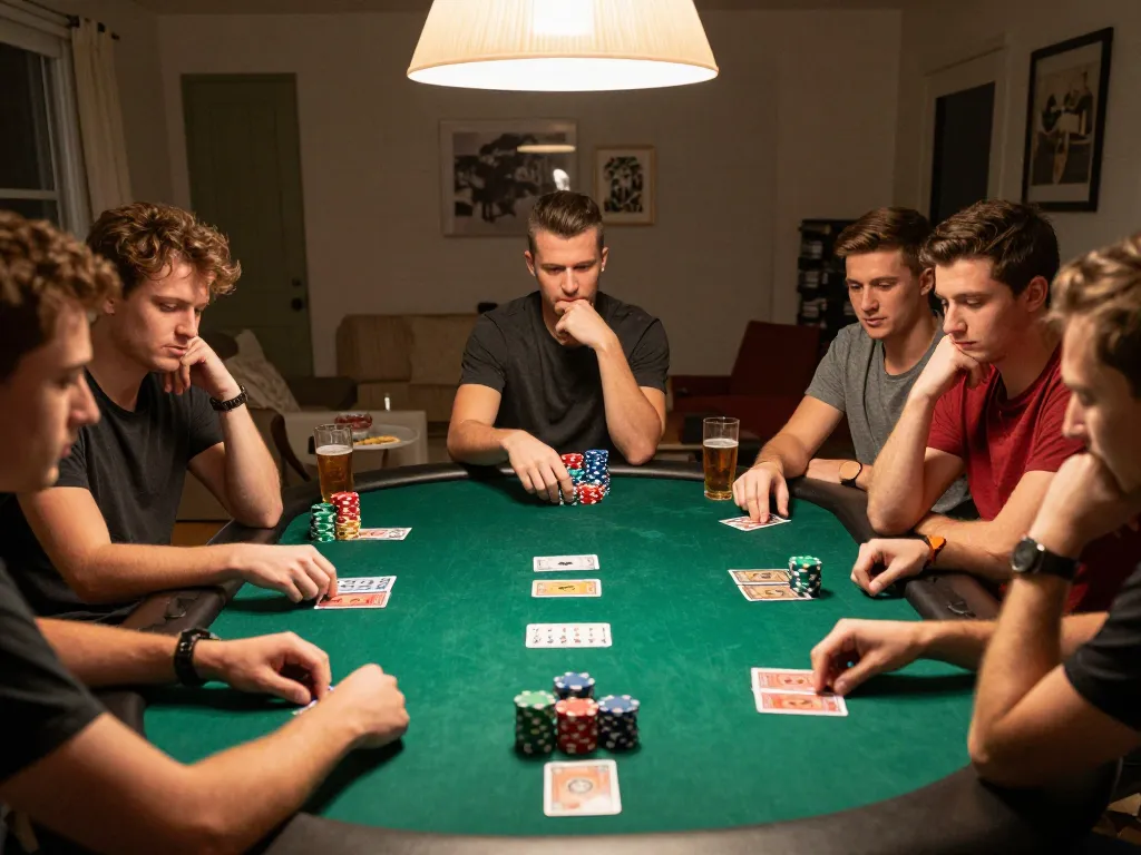 Friends playing poker together at home, showcasing intricate game dynamics and strategy in nhacaiuytinn atmosphere.
