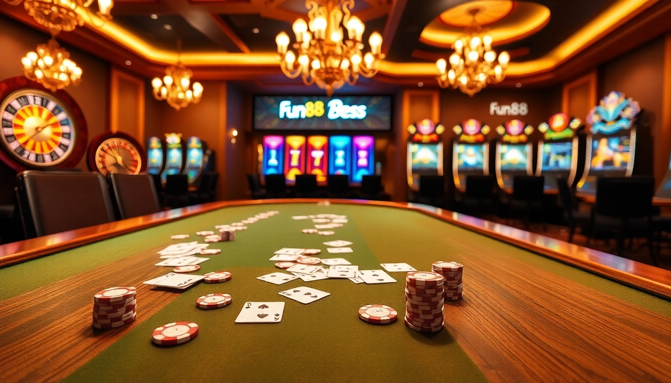 Exciting gaming atmosphere at fun88 casino with vibrant poker table and roulette wheel.