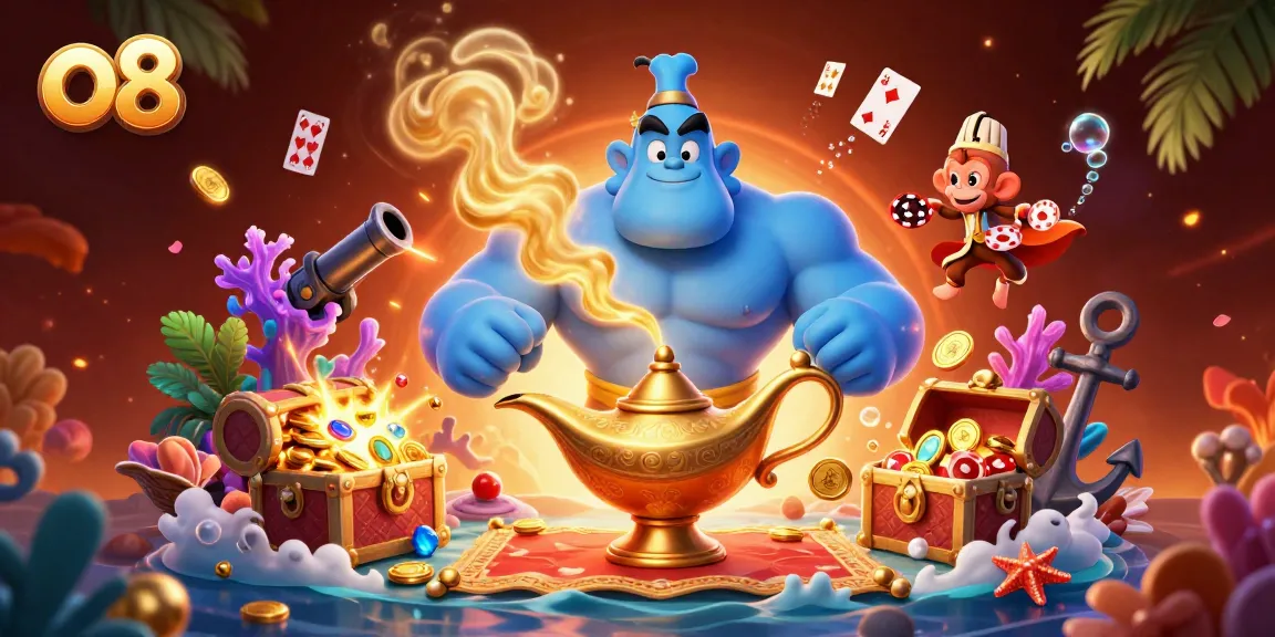 Engage with exciting o8 slots and casino games, illustrated vivid 3D scene full of vibrant elements.