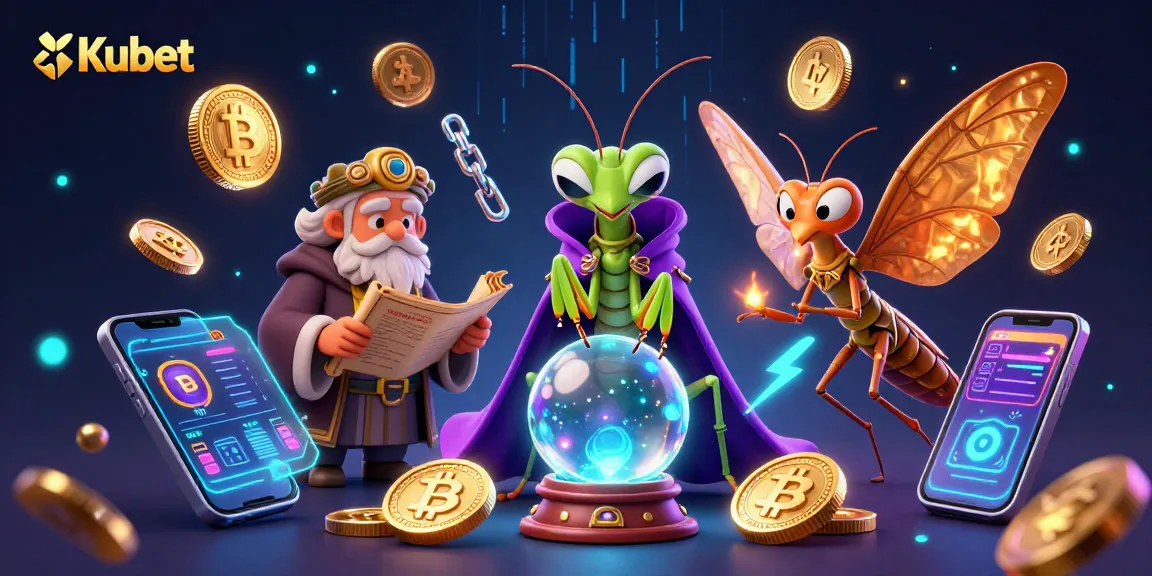 Kubet fortune teller and moth librarian unveiling online casino secrets with cryptocurrency elements.