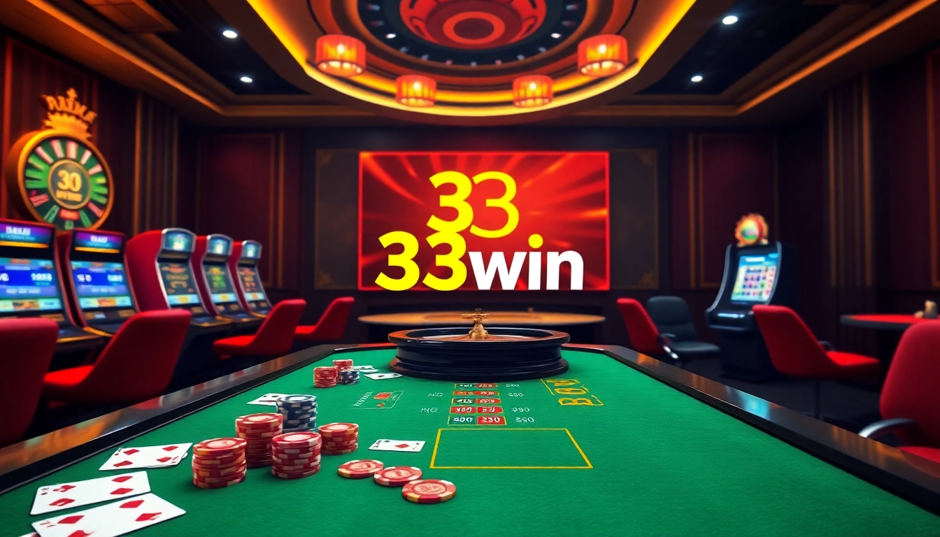 33win players enjoying a vibrant online casino experience with gaming tables and poker chips.