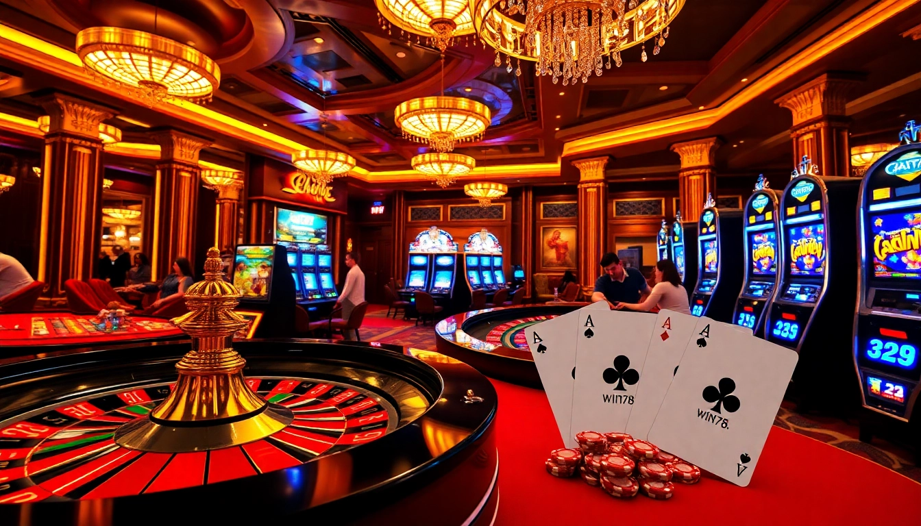 Experience vibrant gaming at win78, featuring roulette wheels and slot machines.