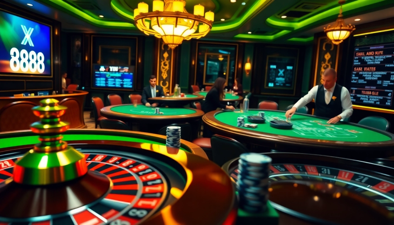 Exciting gameplay scene at Xin 88 featuring roulette wheel, poker chips, and engaged gamblers.