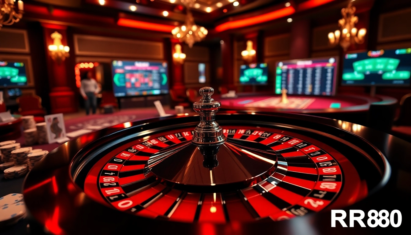 Players engaging in lively games at RR88 casino with roulette wheel and vibrant atmosphere.