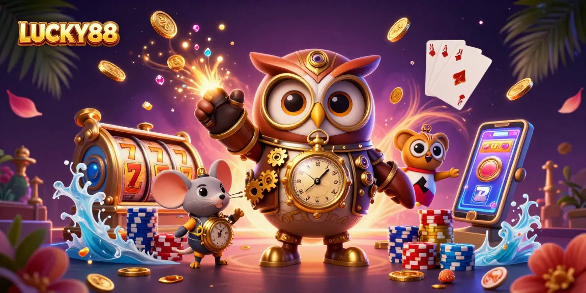 Spin lucky reels with LUCKY88 in this vibrant casino adventure illustration.