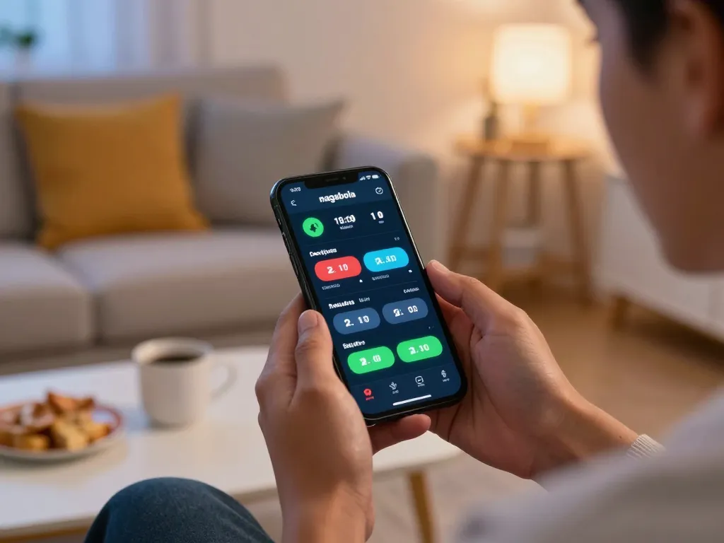 NAGABOLA user placing sports bets on smartphone app revealing live odds in a cozy home setting.