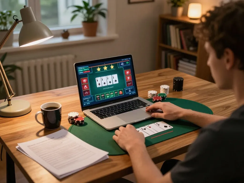 Play online poker on TR88, showcasing engaging gameplay at a cozy home setup.
