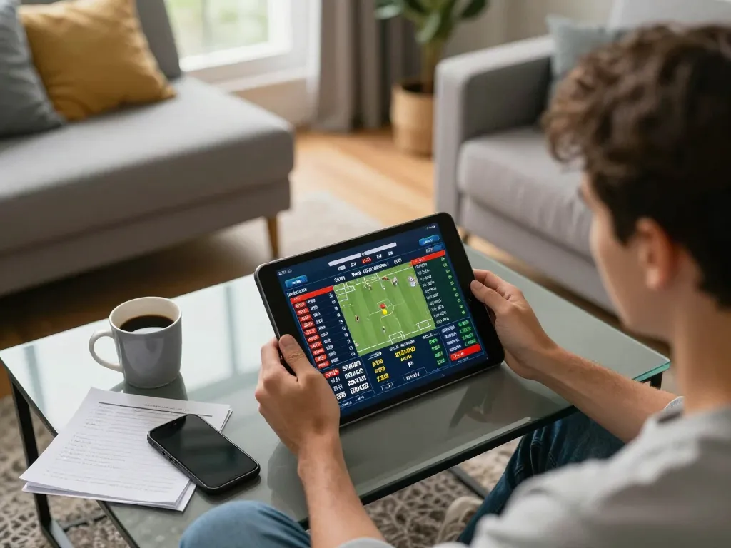 Betting strategy session using tablet for mb66-t online sports betting in a cozy living room.