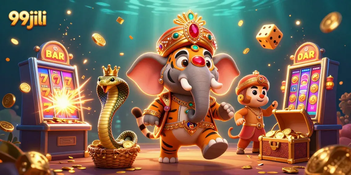 Experience thrilling wins at 99jili with a majestic illustration of jewel-encrusted characters surrounded by dynamic gaming elements.