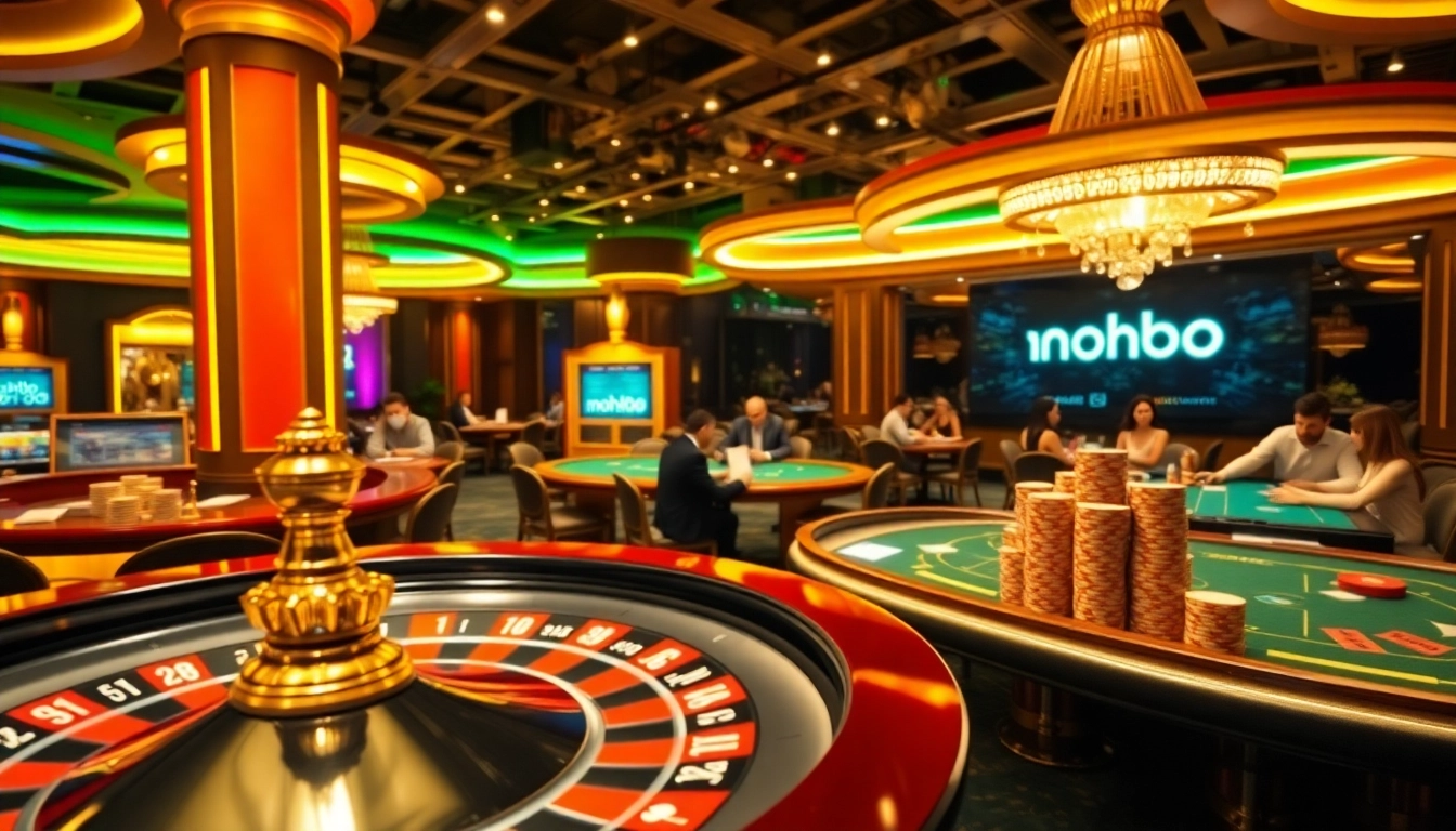 Action-packed casino scene showcasing players betting at tables featuring nohu90 branding.