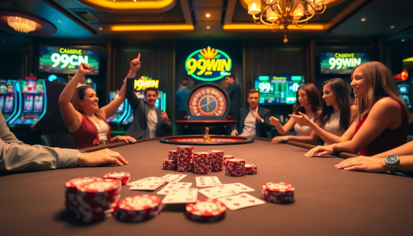 Players enjoying high-stakes poker at 99WIN, celebrating wins with premium casino chips.