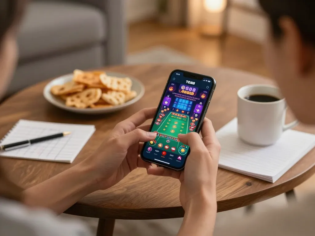 TG88 mobile app gameplay with user strategizing their bets in a cozy home setting