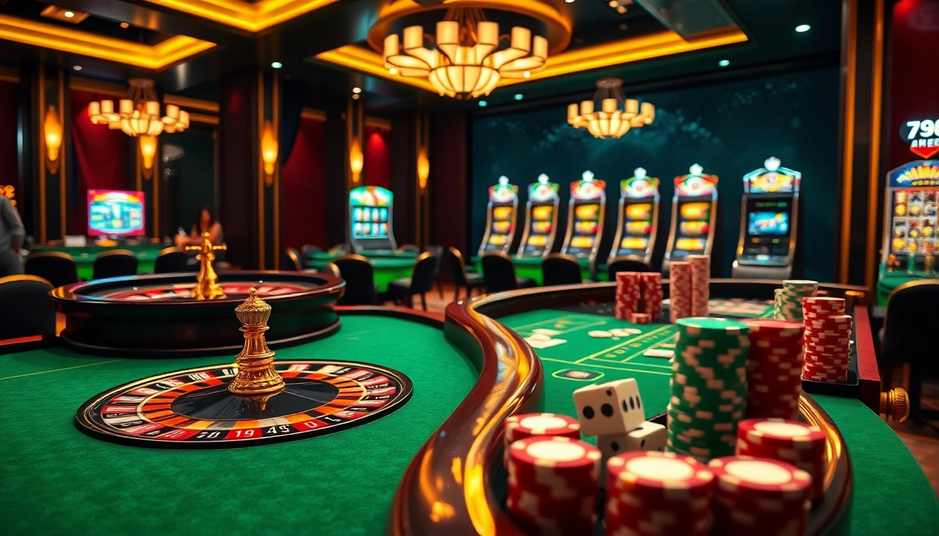 Exciting gaming action at 789bet casino tables featuring roulette, poker, and slot machines
