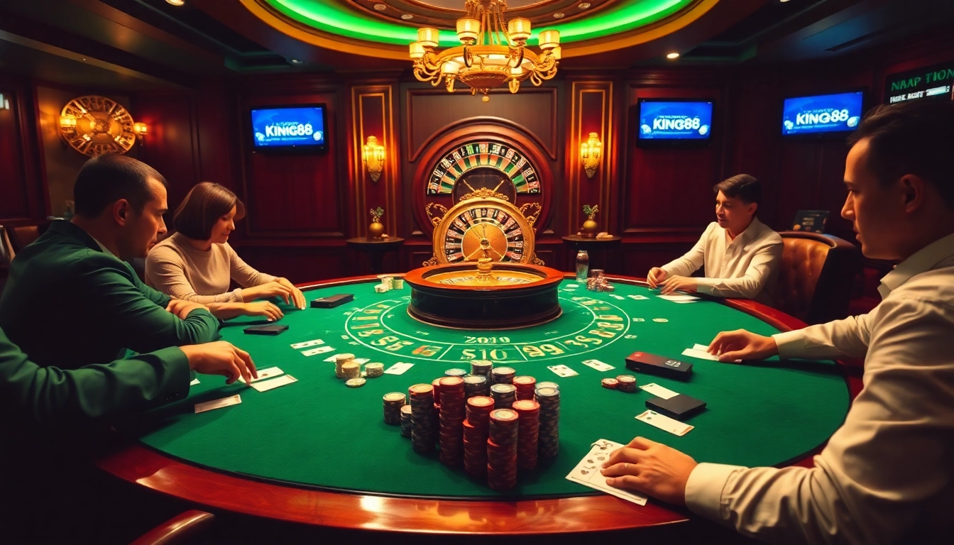 Nạp tiền King88 at an elegant poker table with luxurious casino ambiance and vibrant gaming elements.