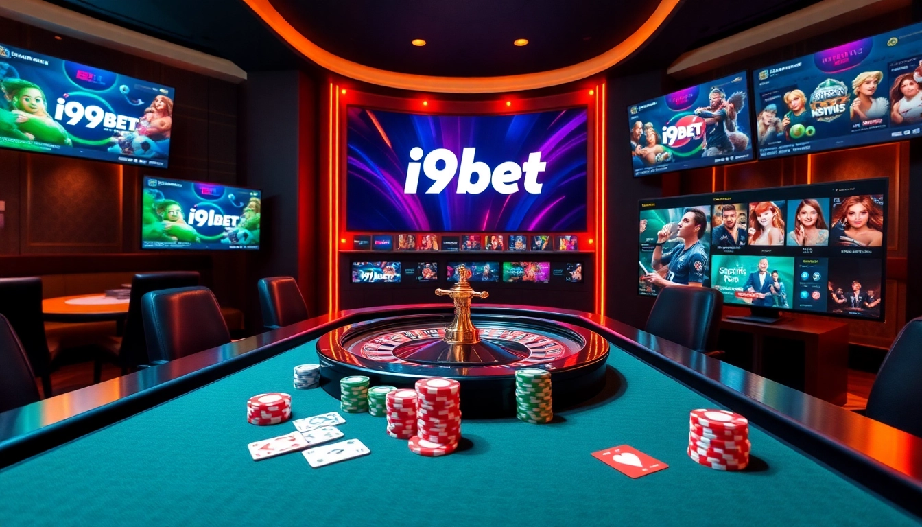 i9bet offers an exciting gaming atmosphere with poker chips and a colorful roulette wheel.