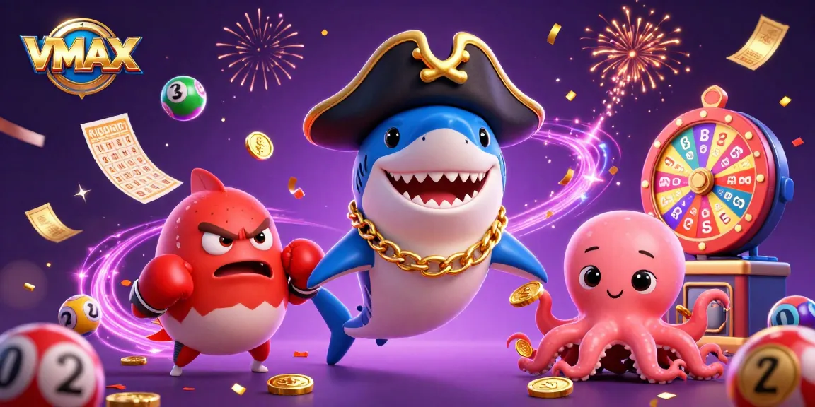 Win exciting prizes with VMAX in this vibrant casino-themed illustration featuring dynamic lottery elements.