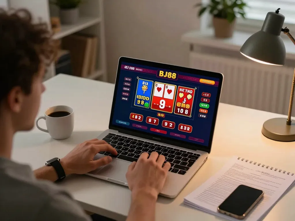 BJ88 casino online gameplay with vibrant interface on laptop on a cozy desk