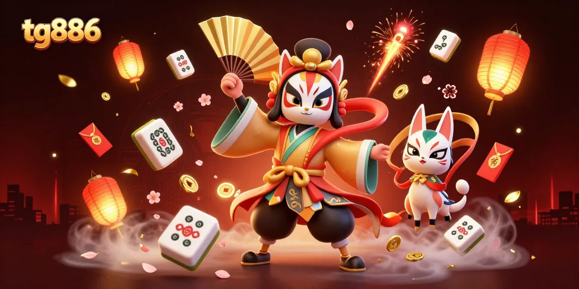 Engage with tg886's vibrant gambling scene featuring a kabuki warrior and festive decorations.