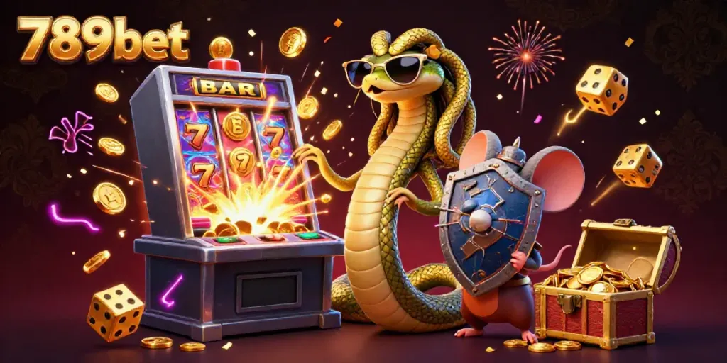 Engage with the vibrant world of 789bet featuring a playful Medusa and a warrior mouse, immersed in a casino jackpot scene.
