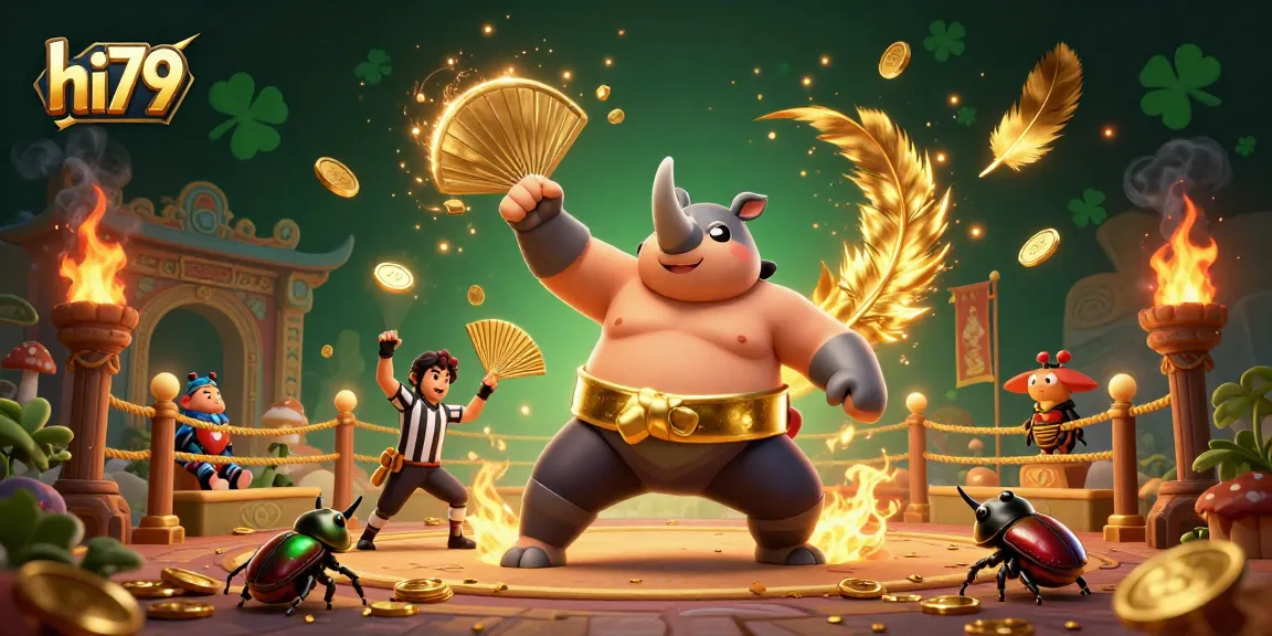 Witness the thrilling match at hi79 as the rhinoceros beetle sumo champion stomps, sending golden coins flying.