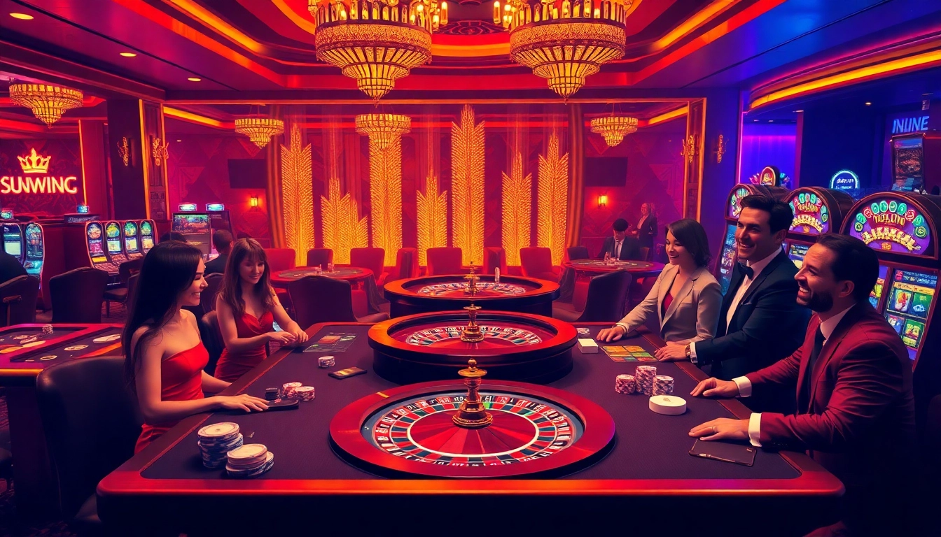 Exciting players enjoying games at Sunwin online casino tables surrounded by colorful lights.