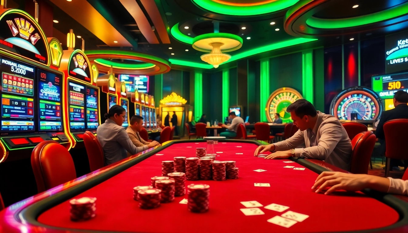 Experience thrilling casino action with bongdalu-inspired poker games, showcasing vibrant chips and tables.