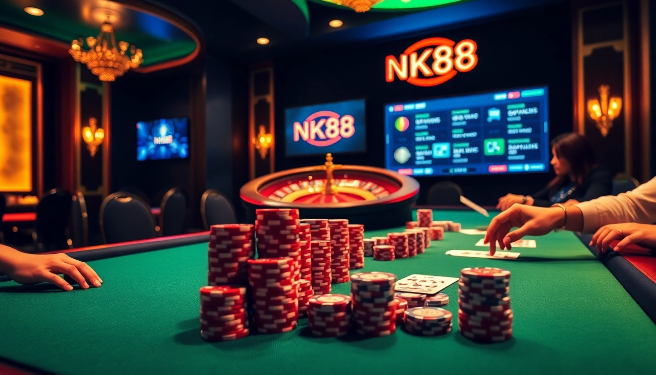 NK88 players enjoying an exciting poker game at a luxurious casino table with vibrant colors.