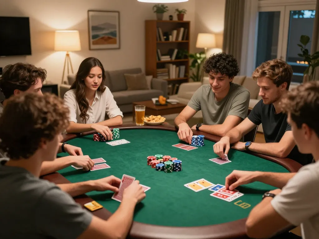 Friends enjoying a poker game at home, illustrating the vibrant community experience of hitclub.