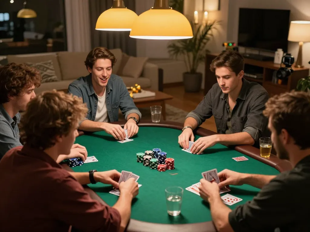 Luck8 players enjoying a lively poker night at home, displaying strategy and excitement with colorful chips.