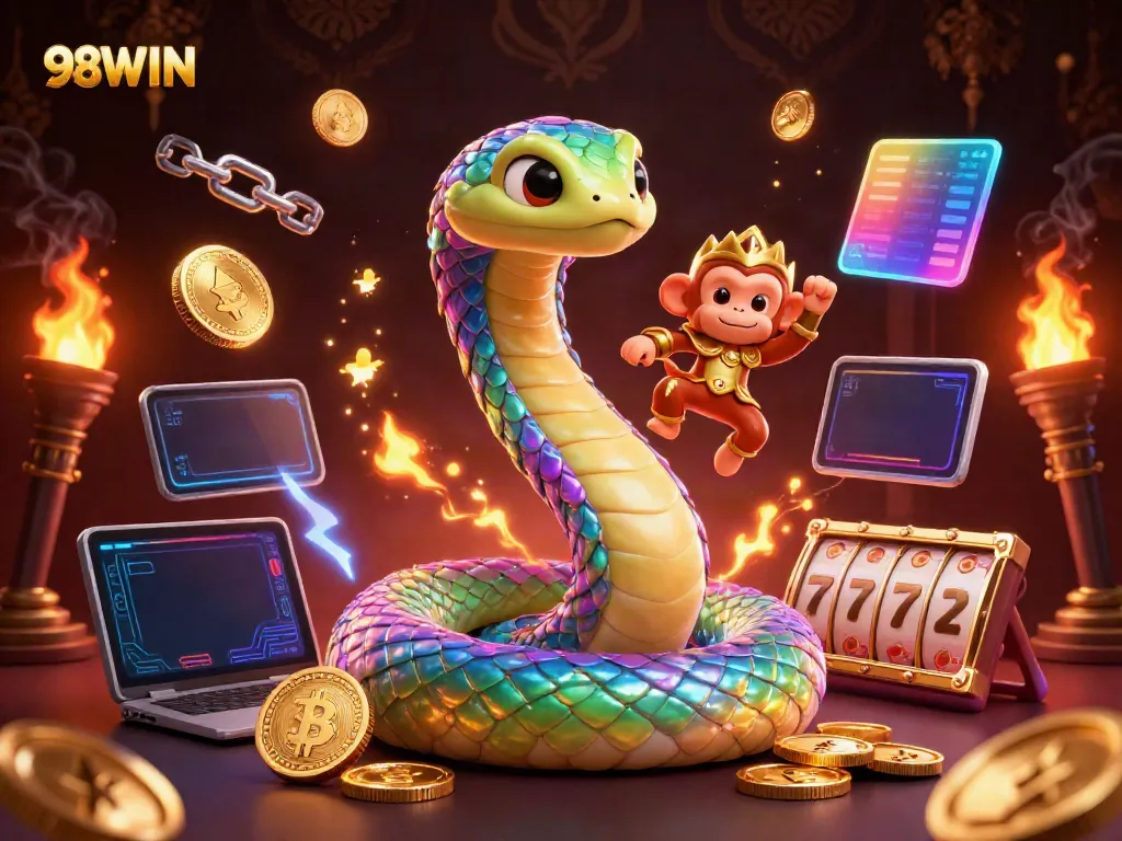 Engage in the vibrant world of 98WIN with a magical scene full of golden treasures and animated characters.