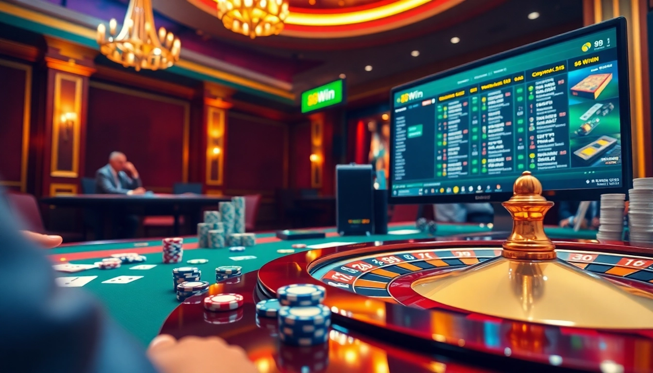 Engage in thrilling gameplay at 98Win's luxurious online casino, featuring poker chips and roulette.