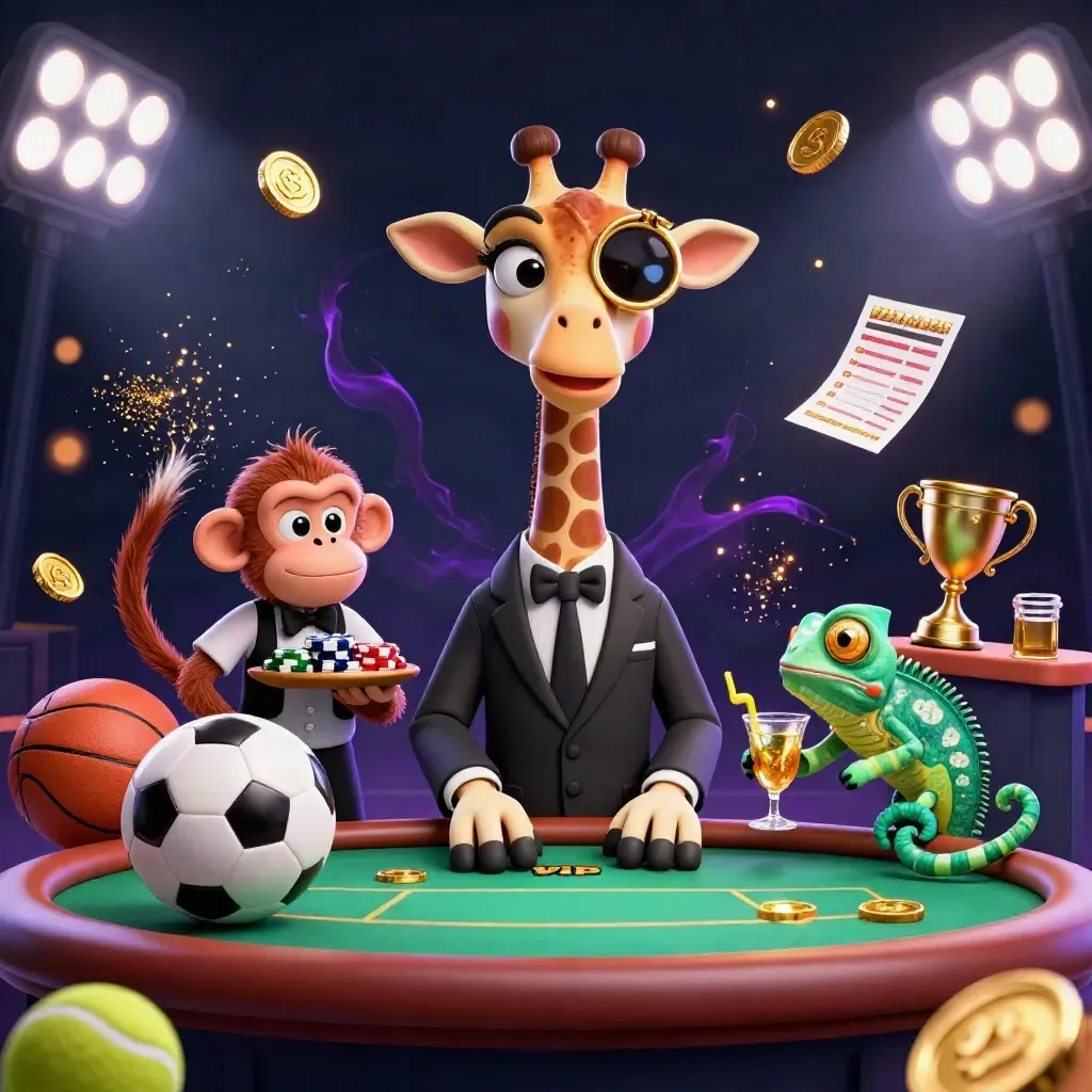 Giraffe, monkey, and chameleon in a neon casino burst amid flying sports balls and gold.