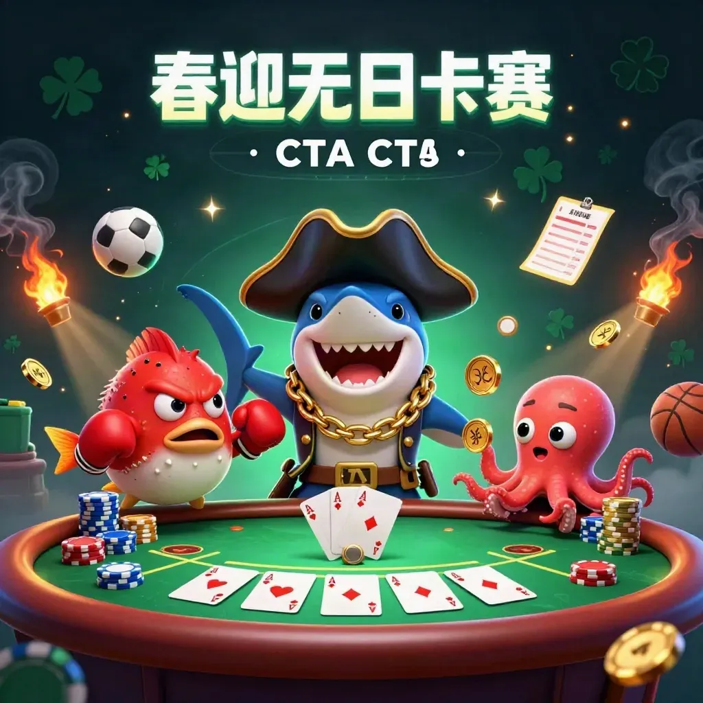Shark pirate, boxing pufferfish, and coin-juggling octopus amid neon casino props and dark emerald light.