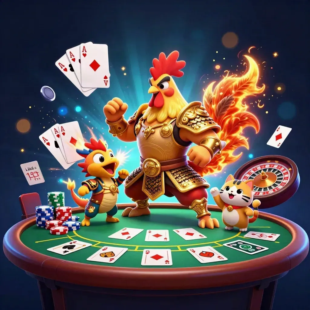 Rooster samurai, spark-dragon hatchling and lucky cat amid casino tables, cards, chips and glowing lights.