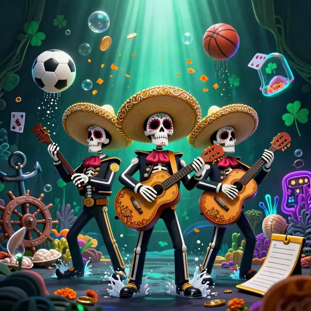 Skeleton mariachi trio in an underwater treasure cove with coins, coral, bubbles, and sports gear.