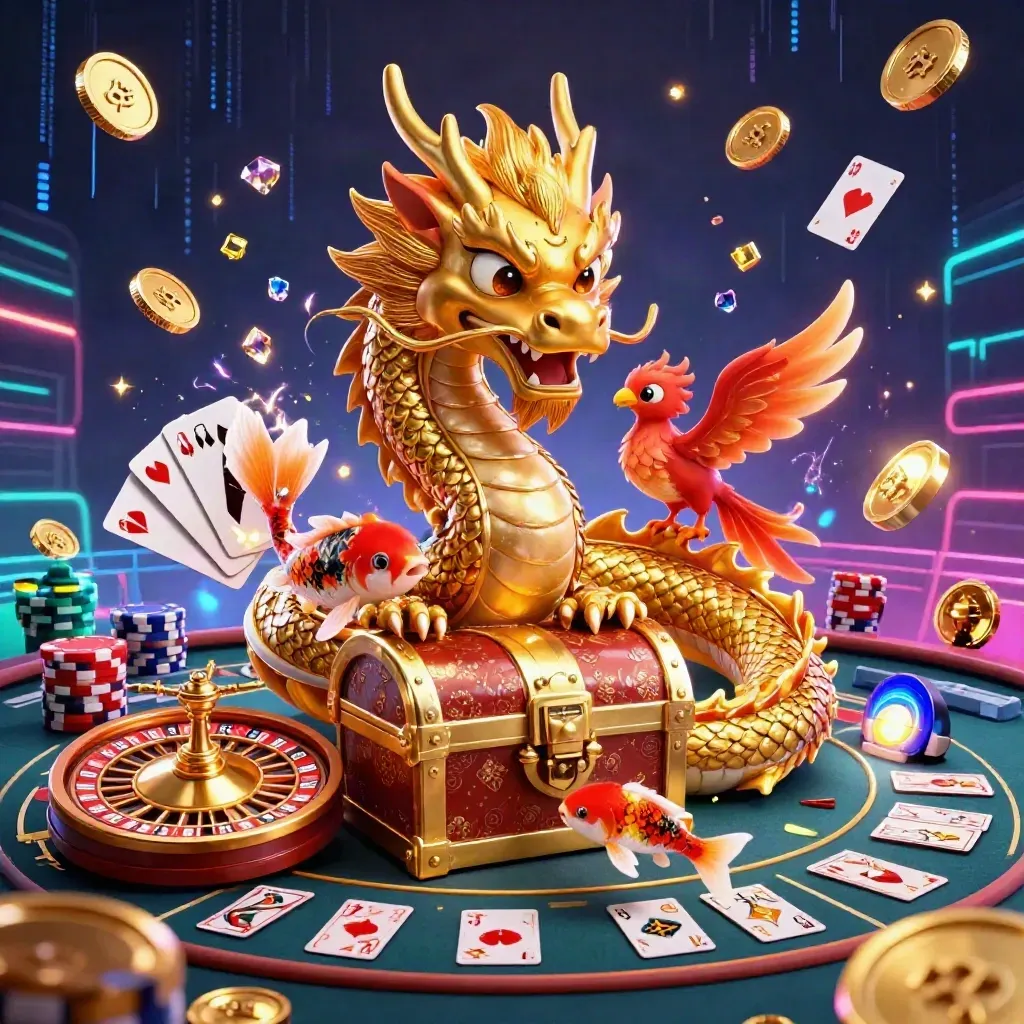 Golden dragon, phoenix and koi amid casino coins, chips, cards, roulette wheel and neon grid.